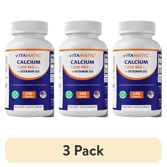 (3 pack) Vitamatic Calcium 1200mg with Vitamin D3 2000 IU (50mcg) – Bone & Immune Support Formula – 240 Tablets – High Absorption Calcium Carbonate with D3 – Non-GMO, Gluten-Free