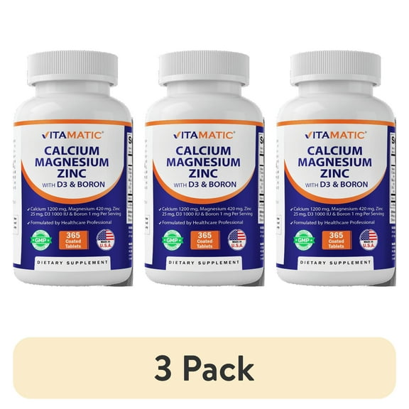 (3 pack) Vitamatic Calcium Magnesium Zinc D3 Boron | 365 Coated Tablets Supplement | Calcium 1200 mg, Magnesium 420mg, Zinc 25mg, Vitamin D3 1000 IU, Boron 1 mg | Non-GMO | Gluten Free | Made in USA