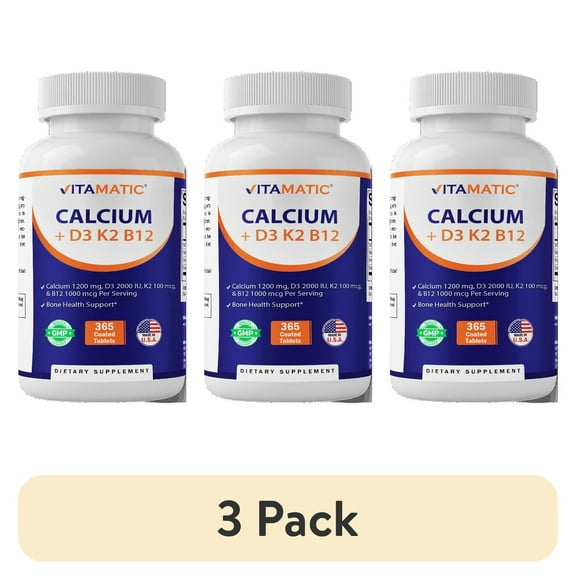 (3 pack) Vitamatic Calcium Supplement 1200mg with D3, K2 & B12, Immune & Bone Health Support - 365 Coated Tablets