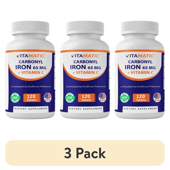 (3 pack) Vitamatic Carbonyl Iron 65 mg with Vitamin C – Gentle Iron Supplement for Energy & Immune Support – High Absorption – 120 Tablets
