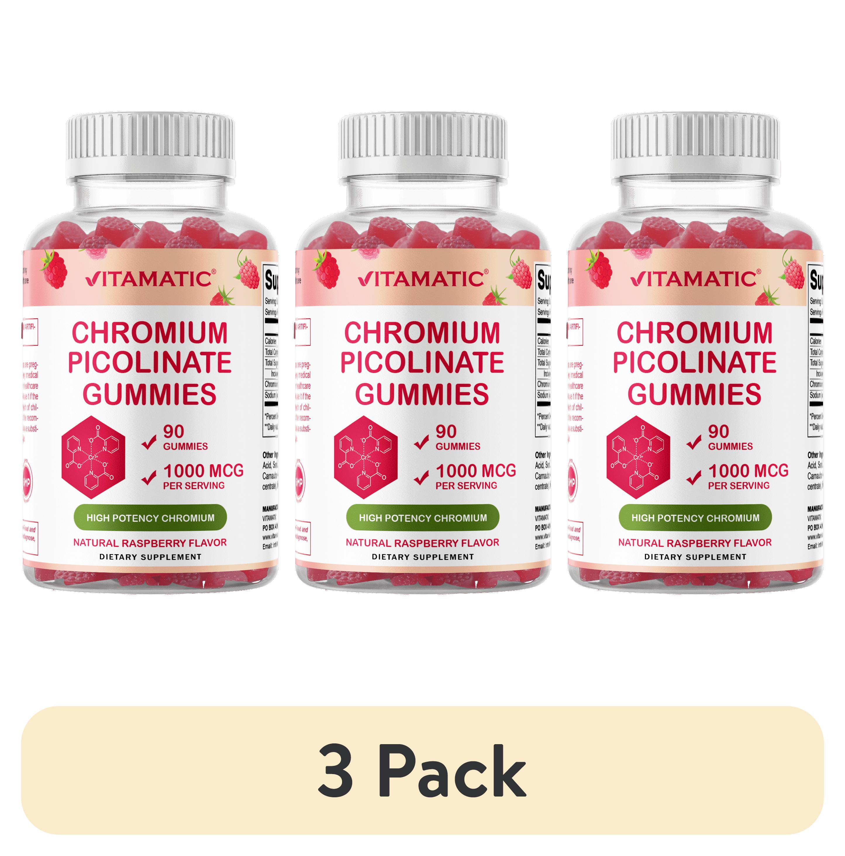 (3 pack) Vitamatic Chromium Picolinate 1000 mcg - 90 Gummies - High Potency Chromium - Raspberry Flavor