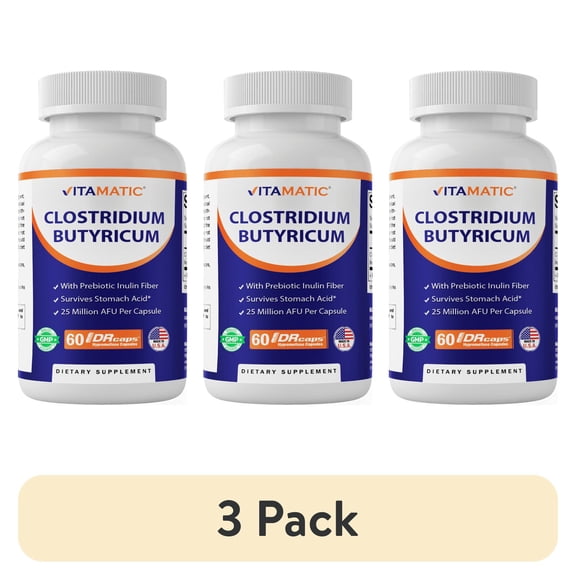 (3 pack) Vitamatic Clostridium butyricum 25 Million - Gut Health - 60 DR Capsules (Delayed Released) - Made with Prebiotic Inulin Fiber