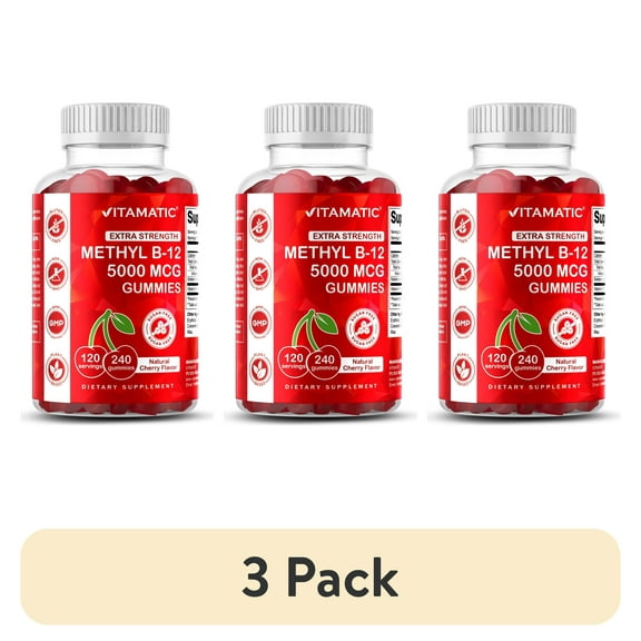 (3 pack) Vitamatic Extra Strength Vitamin B12 5000 mcg (Methyl B12) Gummies - 240 Count - Energy Metabolism Support and Nervous System Health Support, Natural Cherry Flavored