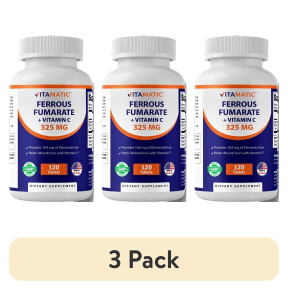 (3 pack) Vitamatic Ferrous Fumarate 325 mg + Vitamin C 100 mg (104 mg Elemental Iron)  High Potency Iron Supplement  Gentle on Stomach, 120 Tablets, Made in USA