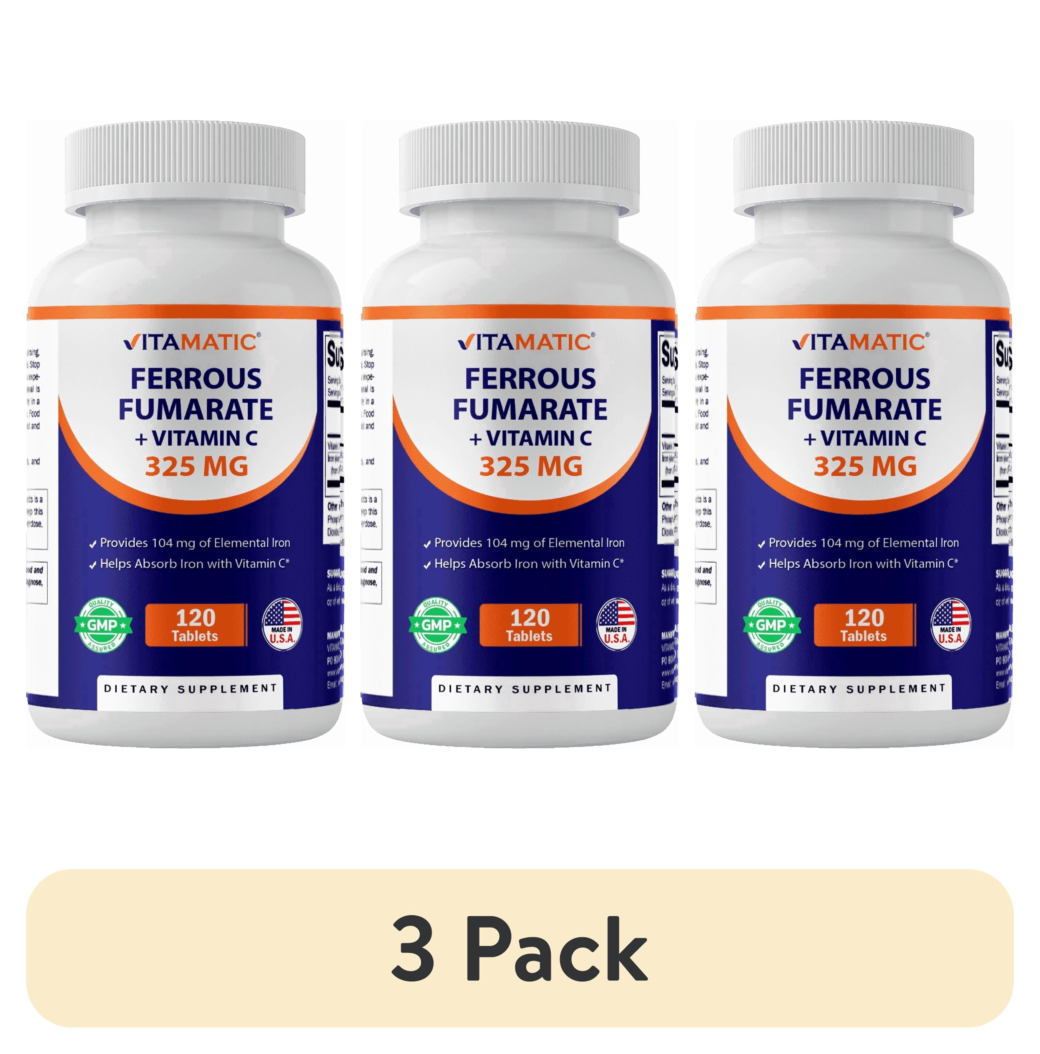 lipo fe+c elemental iron dose 3 pack) Vitamatic Ferrous Fumarate 325 mg + Vitamin C 100 mg (104 mg Elemental Iron) – High Potency Iron Supplement – Gentle on Stomach, 120 Tablets, Made in USA