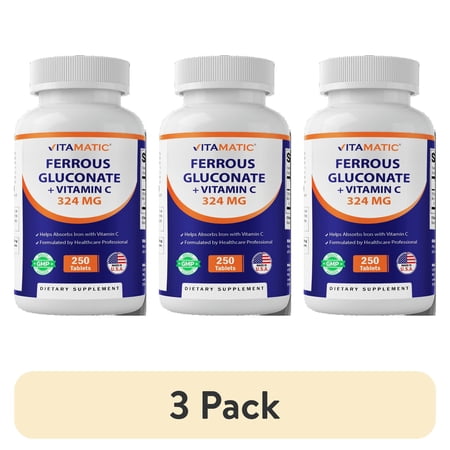(3 pack) Vitamatic Ferrous Gluconate 324 mg + Vitamin C 100 mg - (65 mg Elemental Iron) High Potency Iron Supplement - No Artificial Color Additives - Gentle on Stomach - 250 Tablets - Made in USA
