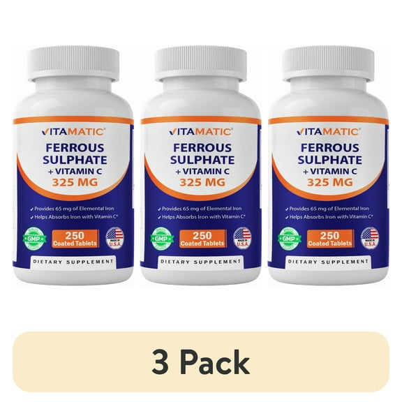 (3 pack) Vitamatic Ferrous Sulphate 325 mg + Vitamin C 100 mg - (65 mg Elemental Iron) High Potency Iron Supplement | No Artificial Color Additives - 250 Coated Tablets - Made in USA