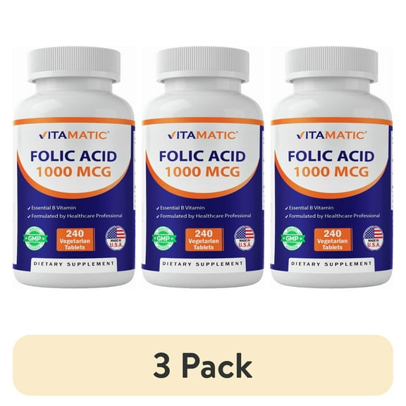 (3 pack) Vitamatic Folic Acid 1000 mcg (1 mg) - 240 Vegetarian Tablets - 1667 mcg DFE - Vitamin B9