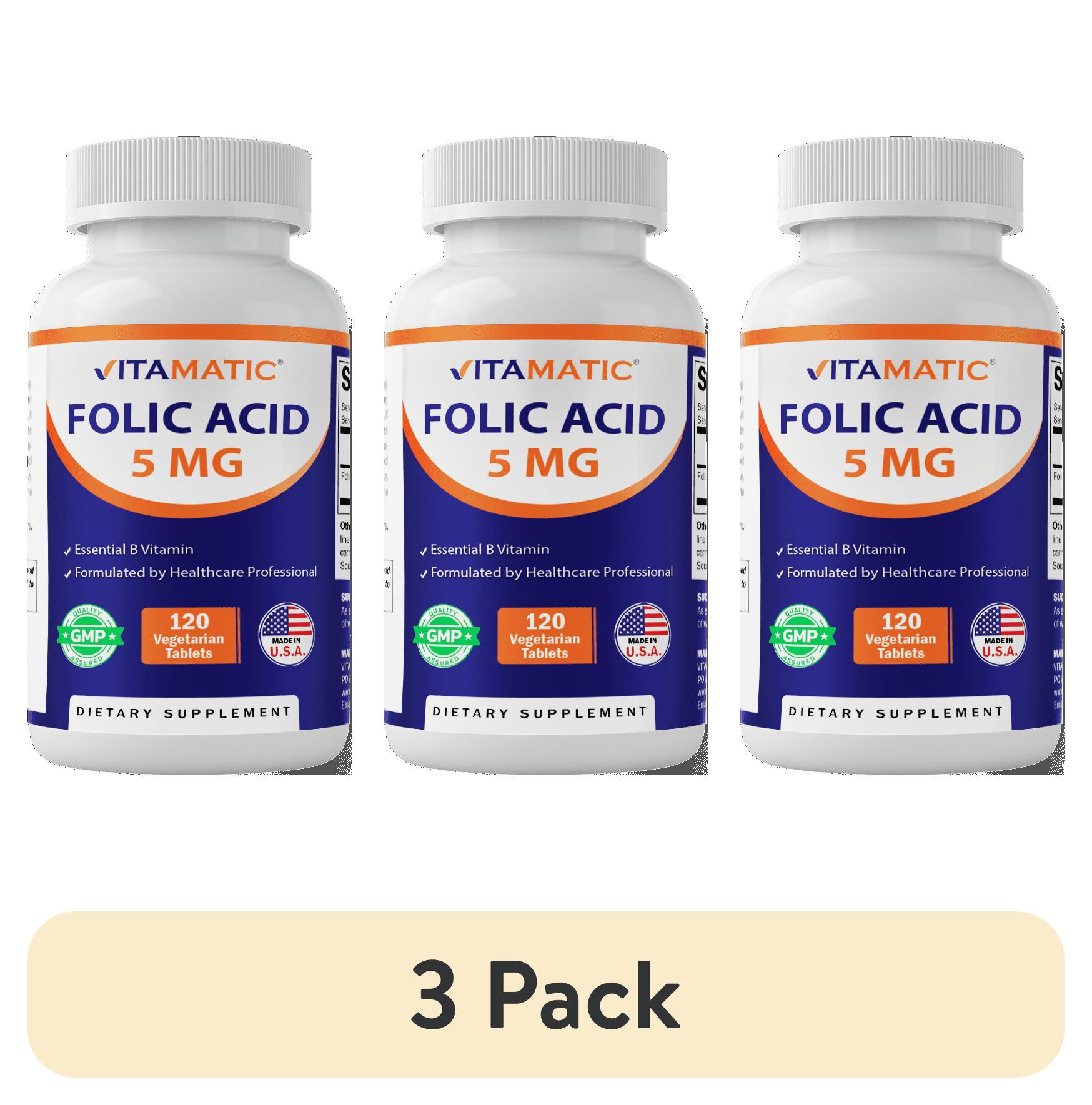 (3 pack) Vitamatic Folic Acid 5mg (5000 mcg) - 120 Vegetarian Tablets - (Vitamin B9 Folate)