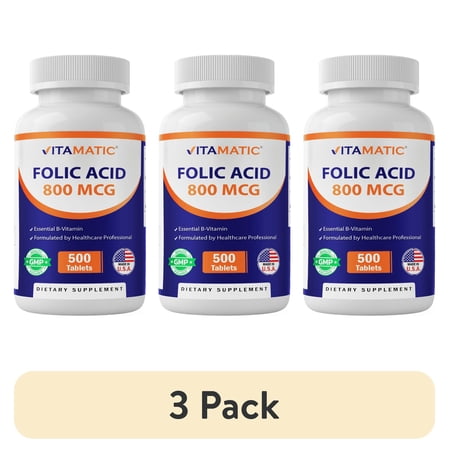 (3 pack) Vitamatic Folic Acid 800 mcg - 500 Vegetarian Tablets - Vitamin B9