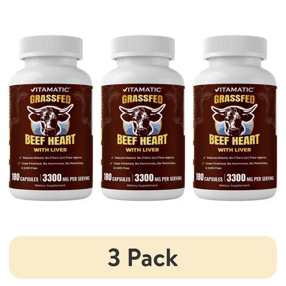 (3 pack) Vitamatic Grass Fed Beef Heart with Liver - 180 Capsules - Freeze Dried & Non-GMO - Pasture Raised Glandular Supplement - Made in USA
