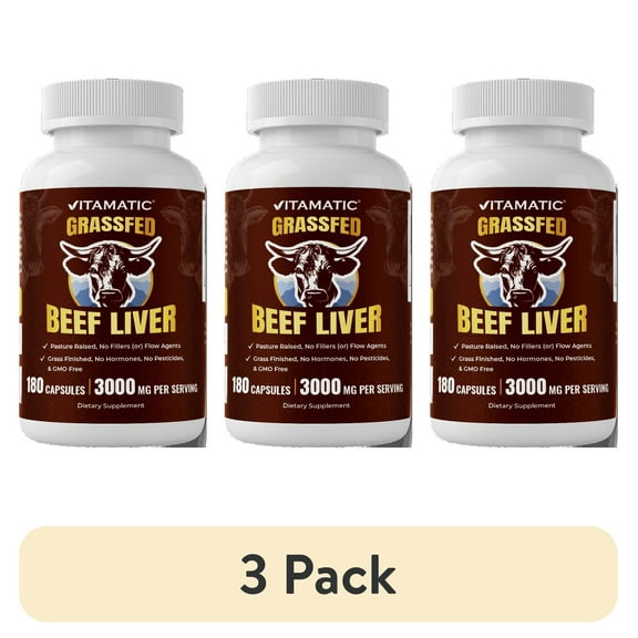 (3 pack) Vitamatic Grass-Fed Beef Liver 180 Capsules – Freeze-Dried, Non-GMO, Bovine Liver Supplement – Pasture-Raised, Glandular-Based Formula (180 Capsules, Liver)