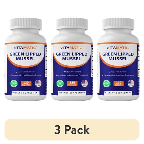 (3 pack) Vitamatic Green Lipped Mussel 2500 mg Equivalent with Turmeric 120 Veg Capsules | Formulated by Healthcare Professionals | Non-GMO & Gluten Free