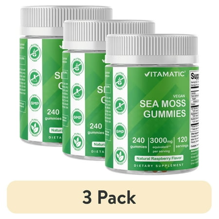 (3 pack) Vitamatic Irish Sea Moss Gummies - 3000 mg - 240 Vegan Gummies - Made with Bladderwrack & Burdock Root - Seamoss Supplement - Gluten Free & Non-GMO
