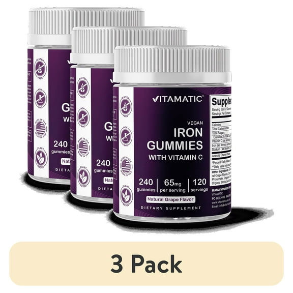 (3 pack) Vitamatic Iron 65 mg Gummies Supplement for Women & Men - 240 Vegan Gummies - Great Tasting Iron Gummy Vitamins with Vitamin C
