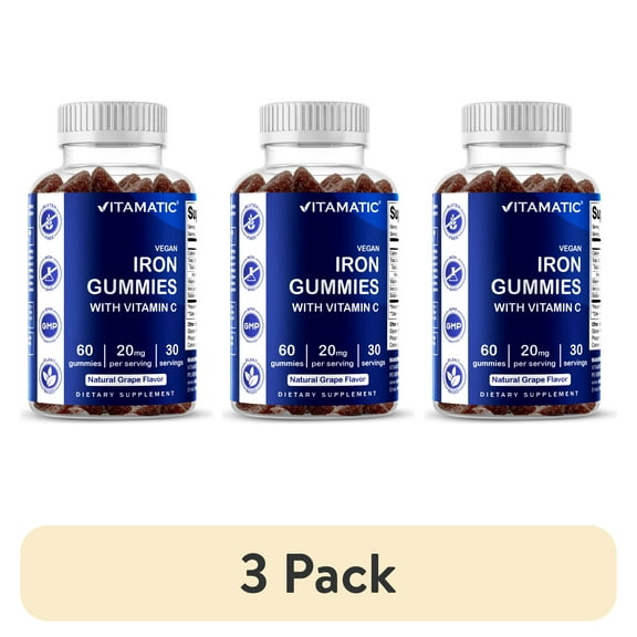 (3 pack) Vitamatic Iron Supplement Gummy for Women & Men - 20mg Serving - 60 Vegan Gummies - Great Tasting Iron Gummy Vitamins with Vitamin C