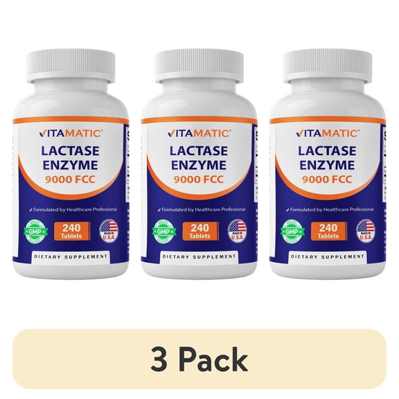(3 pack) Vitamatic Lactase Enzyme 9000 FCC 240 Tablets - Lactose Intolerance Relief Caplets