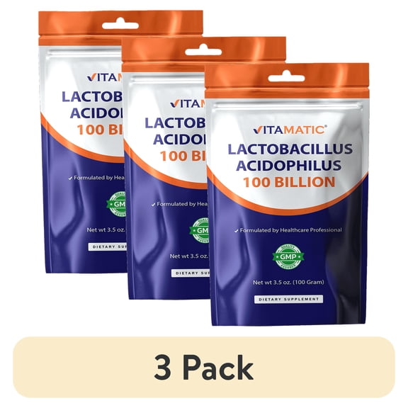 (3 pack) Vitamatic Lactobacillus Acidophilus Probiotic Powder Digestive Health Support Soy-Free Gluten-Free 100 Servings 100 Gram (3.5 OZ)
