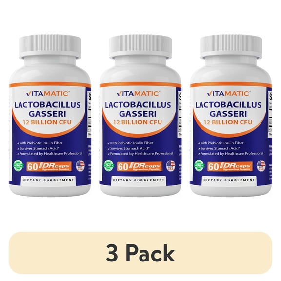 (3 pack) Vitamatic Lactobacillus Gasseri - 12 Billion per DR Capsule - 60 Count - Digestive Support - Made with Prebiotic Inulin Fiber