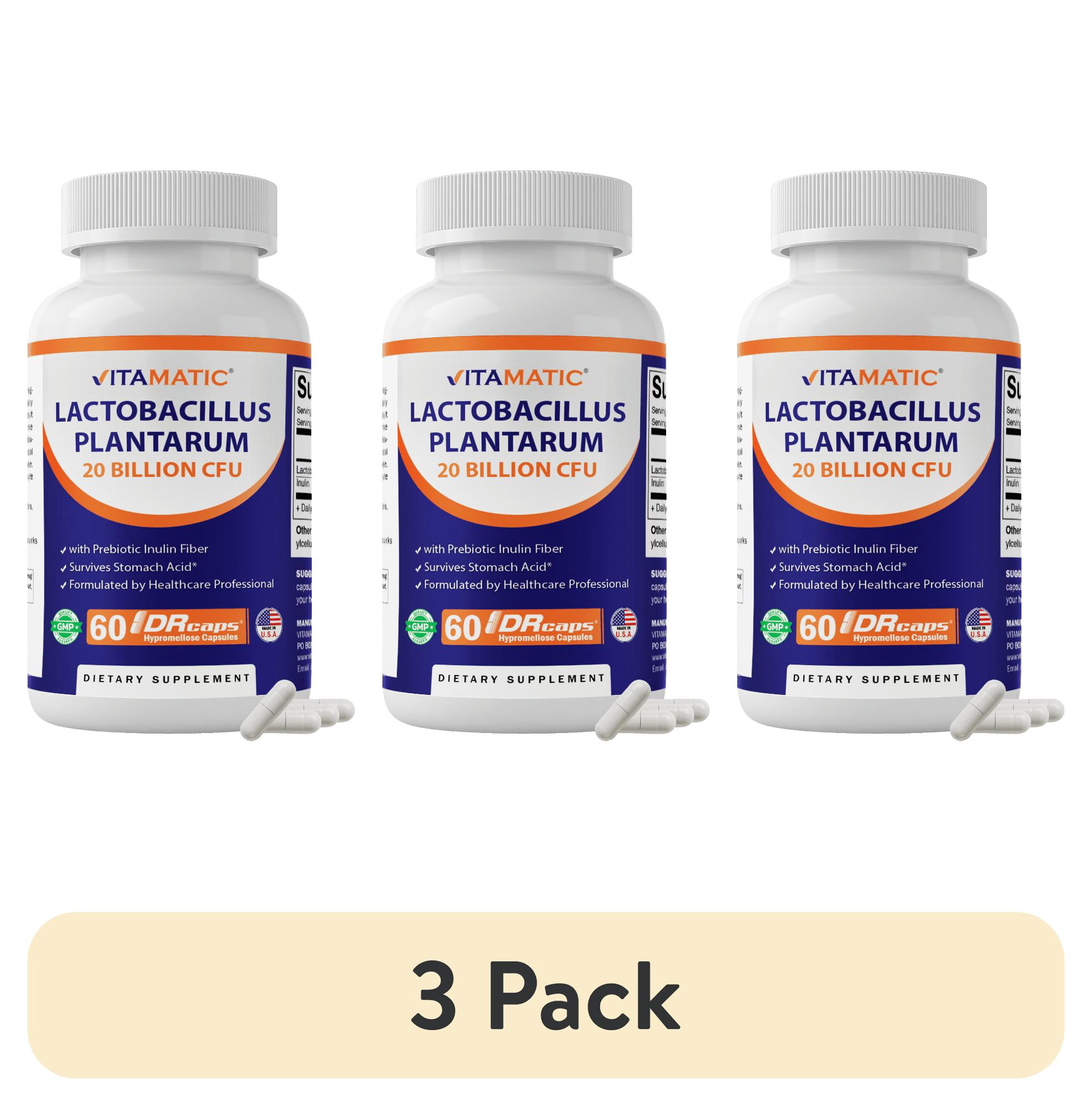 (3 pack) Vitamatic Lactobacillus Plantarum - 20 Billion per DR Capsule - 60 Count - Digestive Support - Made with Prebiotic Inulin Fiber