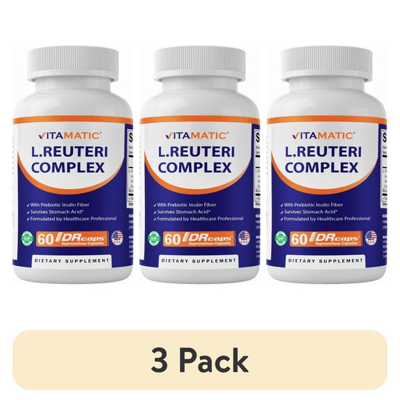 (3 pack) Vitamatic Lactobacillus Reuteri Complex - 22 Billion per DR Capsule - 60 Count - Digestive Support - Made with Prebiotic Inulin Fiber