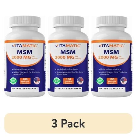 (3 pack) Vitamatic MSM 2000 mg with Vitamin C 75mg per Serving - 180 Veg Capsules - Vitamin C Aid in Better absopriton of MSM (Methylsulfonylmethane) - Non-GMO & Gluten Free