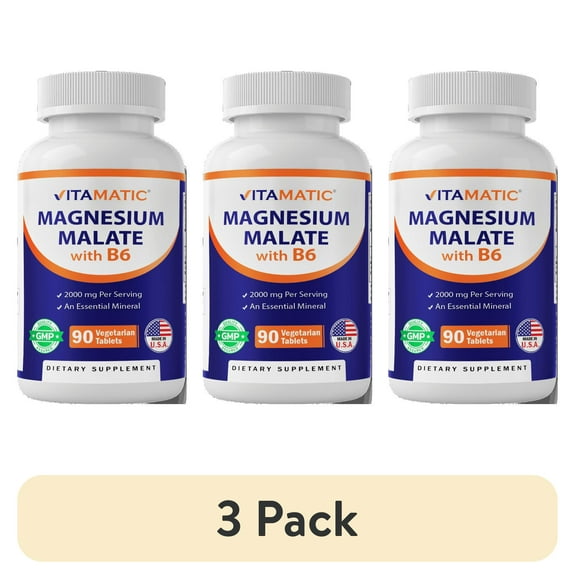 (3 pack) Vitamatic Magnesium Malate 2000mg per Serving - 90 Vegetarian Tablets - Added B6 for Maximum Absorption - Supports Muscle, Joint, and Heart Health*