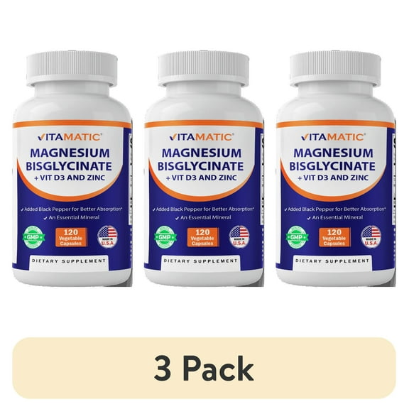 (3 pack) Vitamatic Magnesium (from Bisglycinate & Oxide) with Vitamin D3 & Zinc - 120 Veg Capsules - Supports Muscle, Joint, Nerve & Heart Health – Non-GMO, Gluten-Free