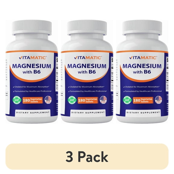 (3 pack) Vitamatic Magnesium with B6-180 Vegetarian Tablets (Uncoated) - Added B6 for Maximum Absorption - Supports Muscle, Joint, and Heart Health