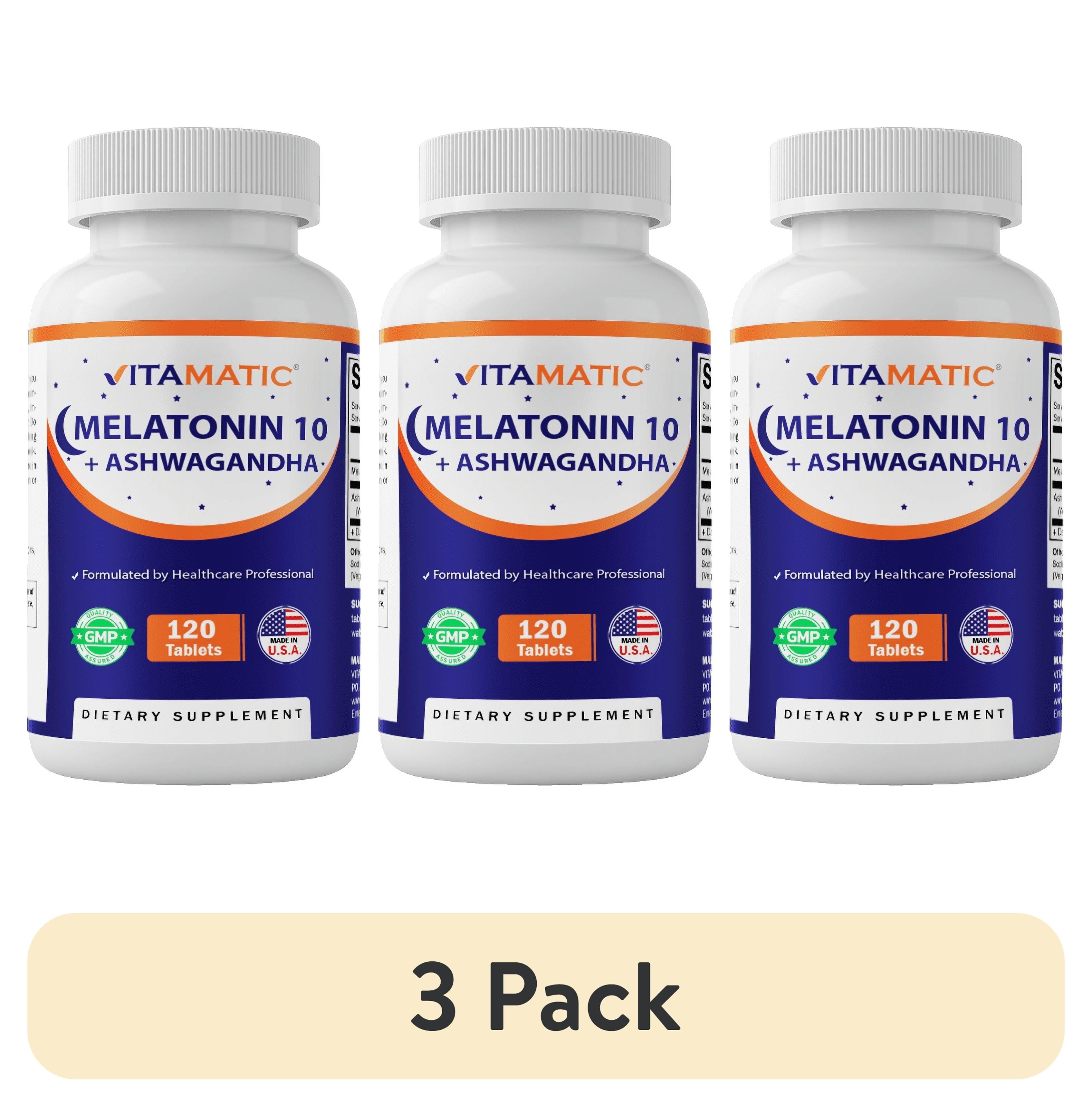 (3 pack) Vitamatic Melatonin 10mg with Ashwagandha 4:1 Extract 250 mg 120 Tablets