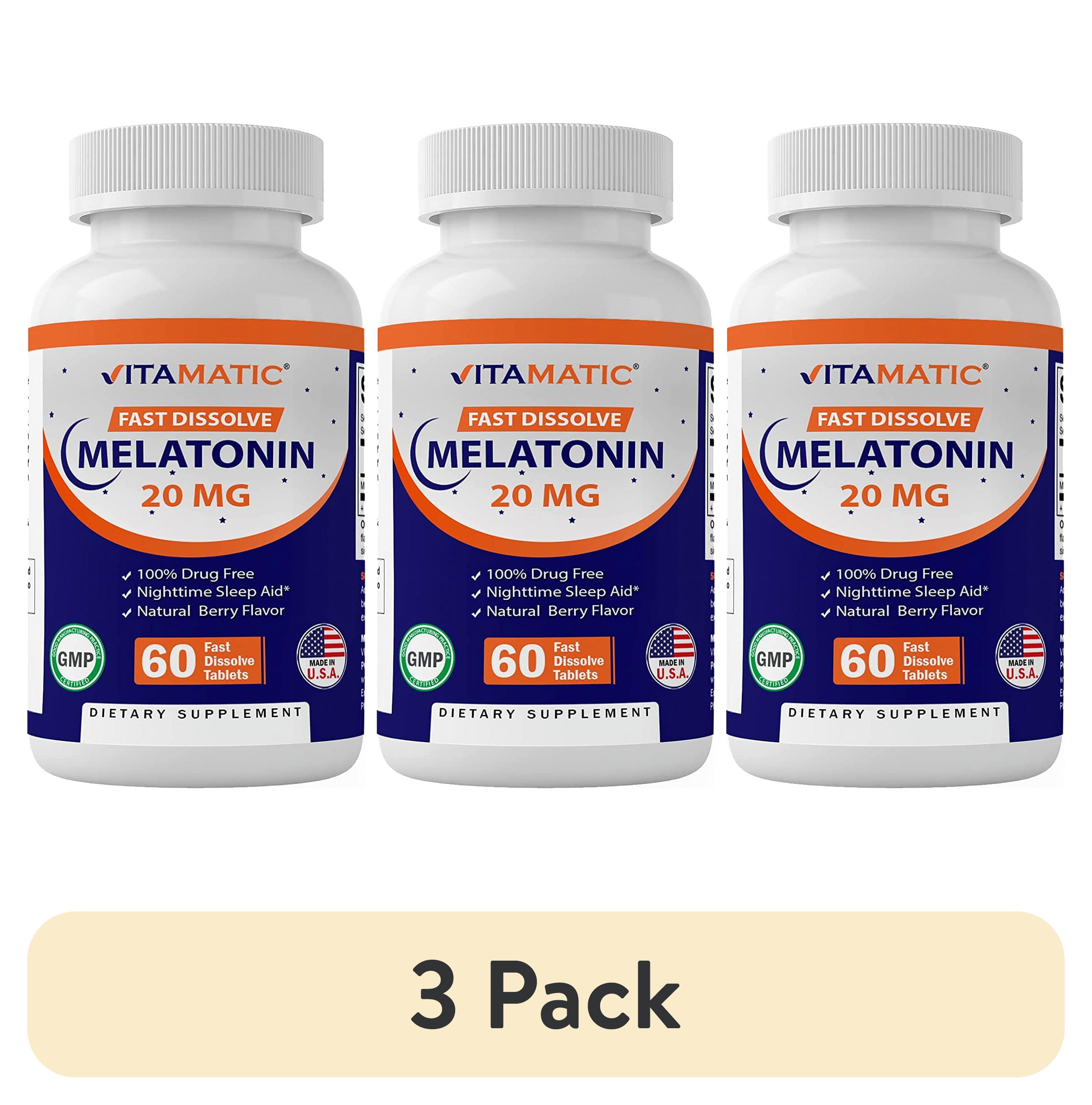 (3 pack) Vitamatic Melatonin 20mg Tablets | Vegetarian, Non-GMO, Gluten Free | 60 Fast Dissolve Tablets | Natural Berry Flavor |