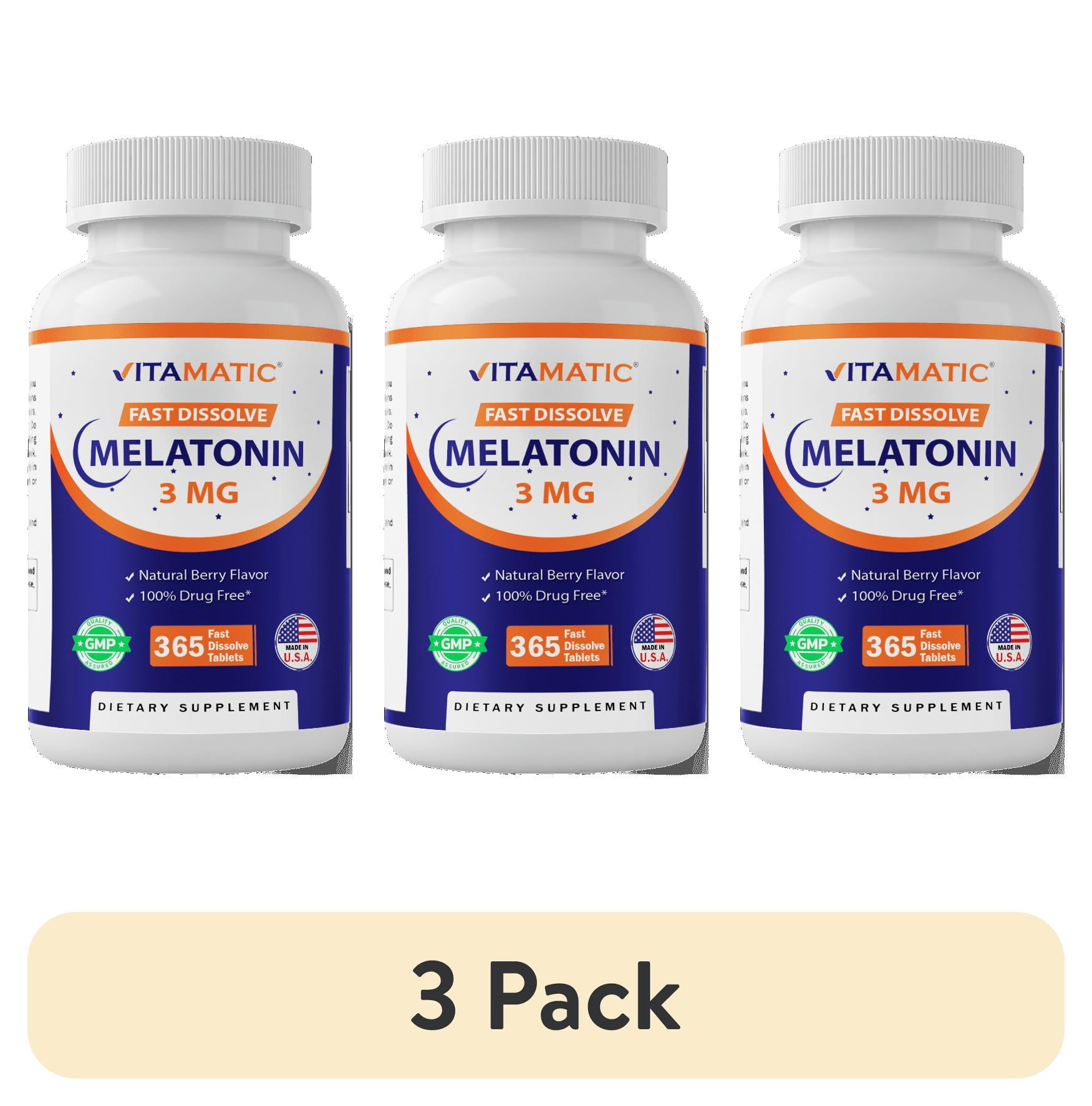 (3 pack) Vitamatic Melatonin 3mg Tablets | Vegetarian, Non-GMO, Gluten Free | 1 Year Supply | Natural Berry Flavor - 365 Tablets