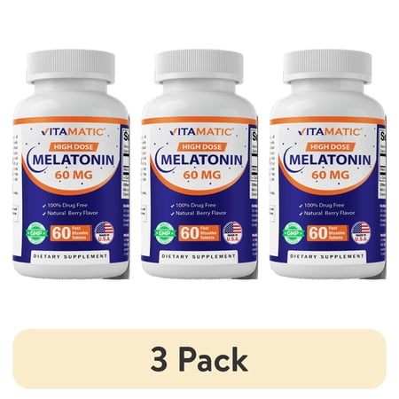 (3 pack) Vitamatic Melatonin 60mg Fast Dissolve Tablets - 60 Vegan Natural Berry Flavor Tablets - Non-Habit Forming, Sleep Support - Promotes Natural Sleep - Non-GMO, Gluten Free Supplement