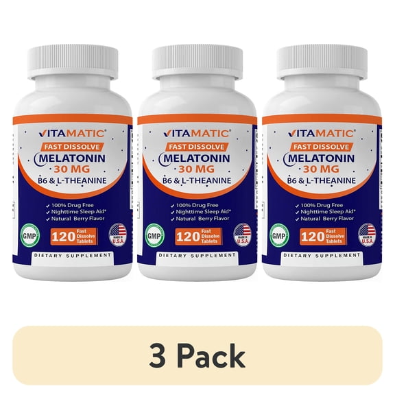 (3 pack) Vitamatic Melatonin, B6 & L-Theanine, Natural Berry, 120 Fast Dissolve Tablets