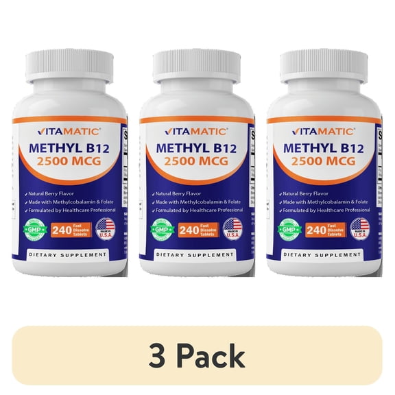 (3 pack) Vitamatic Methyl B12 – Natural Berry Flavor – 240 Fast Dissolve Tablets – Methylcobalamin B12 & Folic Acid for Energy & Nervous System Support (2500 mcg)