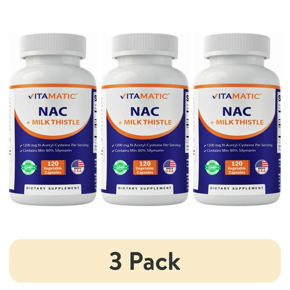 (3 pack) Vitamatic NAC Supplement N-Acetyl-L-Cysteine (NAC) with Milk Thistle 50:1 Extract - Supports Immune, Respiratory, Liver Health, 1200 mg per Serving, 120 Veg Capsules