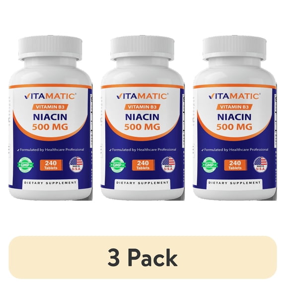 (3 pack) Vitamatic Niacin (Vitamin B3) 500mg, Sustained Release, 240 Tablets - Non-GMO & Gluten Free