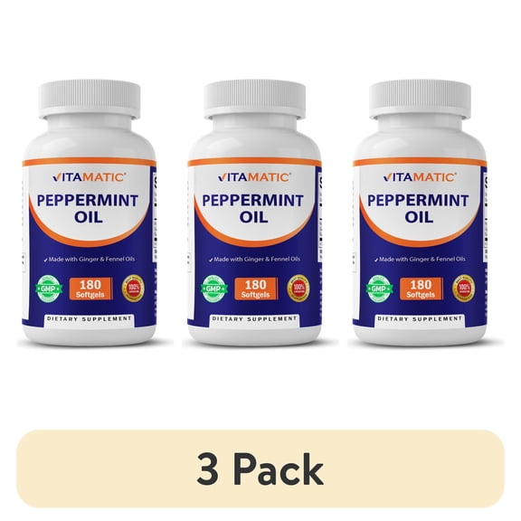 (3 pack) Vitamatic Peppermint Oil Gel with Ginger & Fennel Oils, 550mg per Serving, 180 Softgels