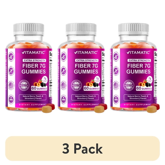 (3 pack) Vitamatic Prebiotic Fiber Gummies for Adults - 7G Fiber Extra Strength - Zero Sugar Added - 60 Pectin Based Gummies - Digestive Health & Regularity Support