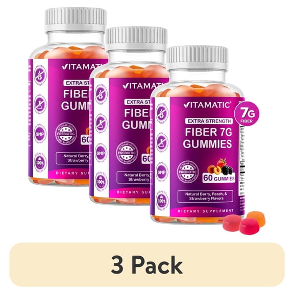 (3 pack) Vitamatic Prebiotic Fiber Gummies for Adults - 7G Fiber Extra Strength - Zero Sugar Added - 60 Pectin Based Gummies - Digestive Health & Regularity Support