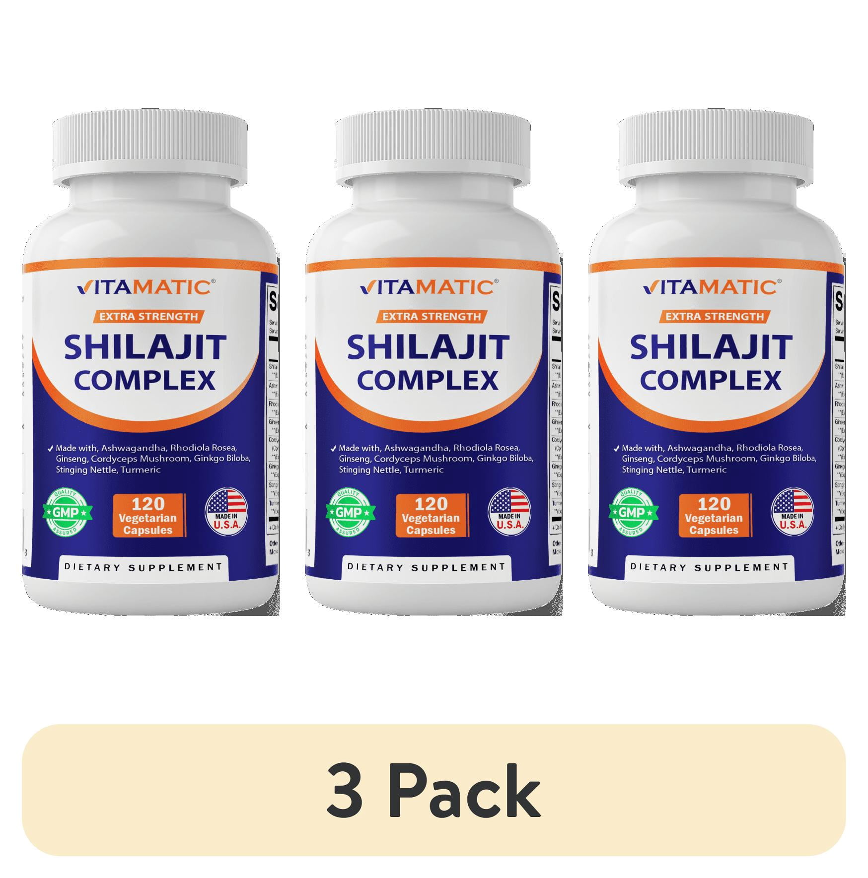 (3 pack) Vitamatic Shilajit Complex Capsules, 9000mg Equivalent, with Ashwagandha, Rhodiola, Ginseng, Cordyceps, Ginkgo, Nettle, Turmeric - 120 Veggie Capsules