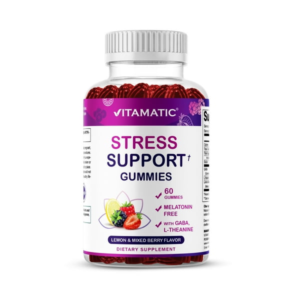 (3 pack) Vitamatic Stress Relief Gummies with GABA, L-Theanine, Lemon Balm – Lemon & Mixed Berry Flavor – 60 Gummies – Vegan, Non-GMO, Gluten-Free