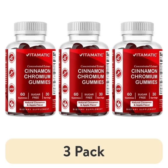 (3 pack) Vitamatic Chromium & Ceylon Cinnamon Gummies – Sugar-Free Botanical Extract Supplement – Vegan, Non-GMO, Gluten-Free – Plant-Based Gummies – 60 Count