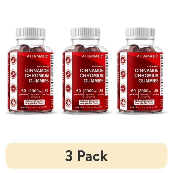 (3 pack) Vitamatic Sugar Free Chromium Gummies with Ceylon Cinnamon - 2000 mg per Serving | 60 Vegan Gummies