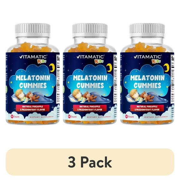 (3 pack) Vitamatic Sugar Free Kids Melatonin 1mg, 90 Gummies, 60 Pineapple & passionfruit Flavored Gummies, 90 Days Supply