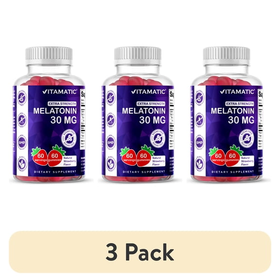 (3 pack) Vitamatic Sugar Free Melatonin 30mg per Gummy - 60 Servings - 60 Vegetarian Gummies - Non-Habit Forming Supplement