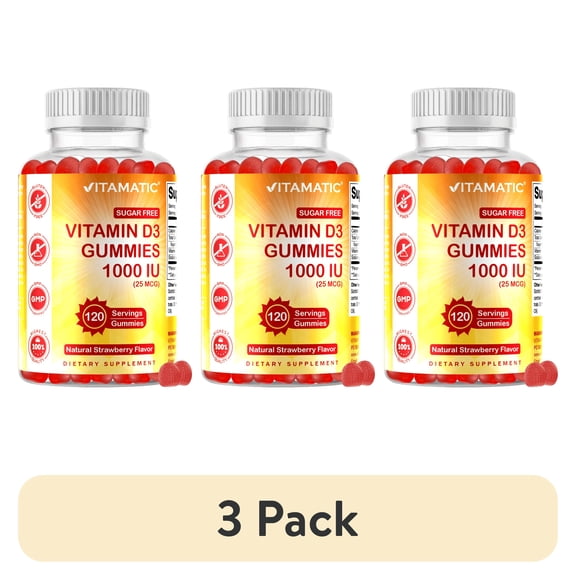 (3 pack) Vitamatic Sugar Free Vitamin D3 1000 IU - 120 Pectin Based Gummies - Great Taste - Healthy Bones, Mood & Immune System Function - Non-GMO - 120 Servings