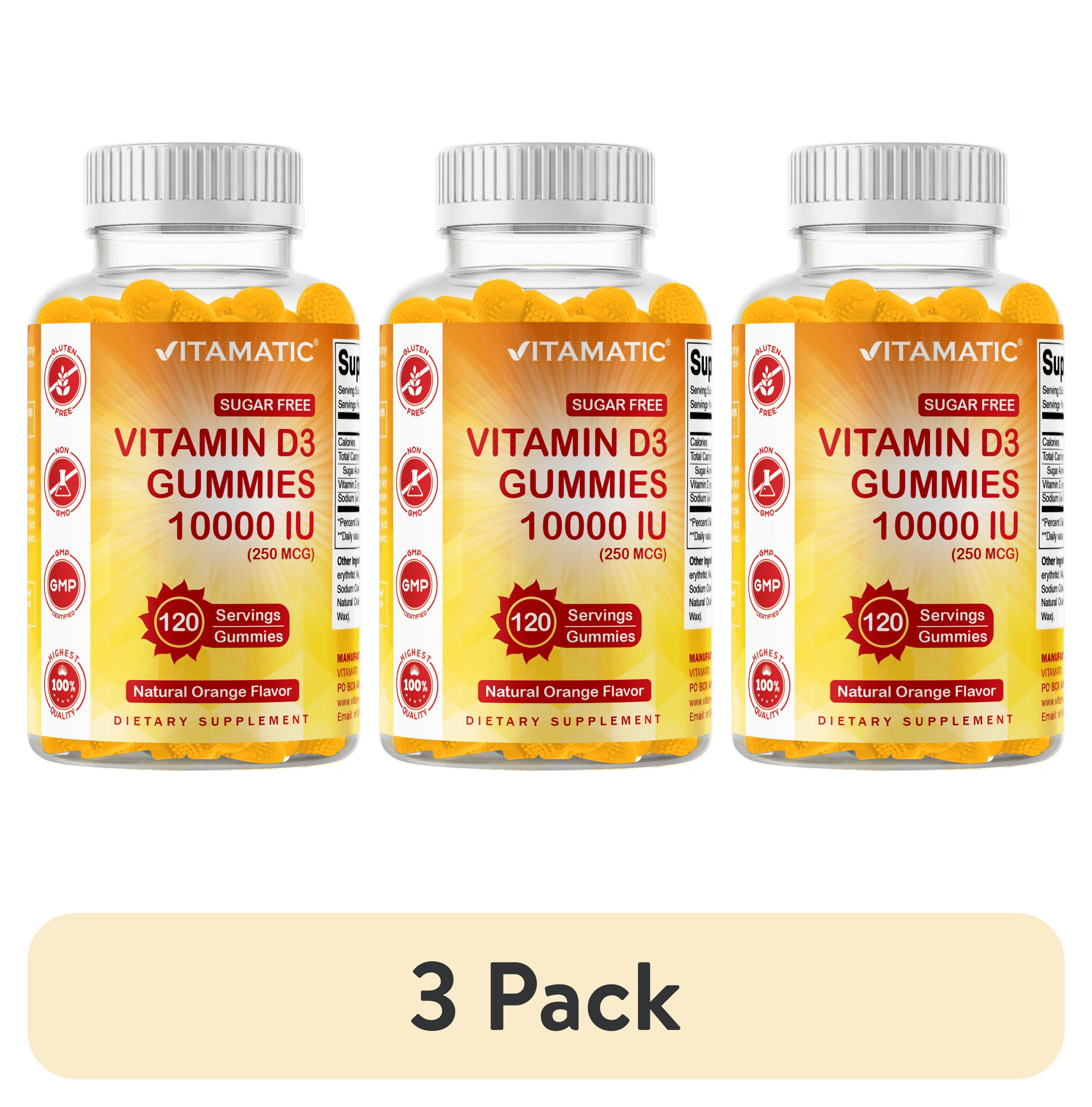 (3 pack) Vitamatic Sugar Free Vitamin D3 10000 IU per Gummy - 120 Pectin Based Gummies - Great Taste - Healthy Bones, Mood & Immune System Function - Non-GMO - 120 Servings