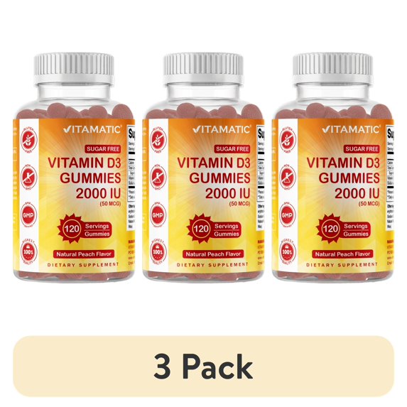 (3 pack) Vitamatic Sugar Free Vitamin D3 2000 IU - 120 Pectin Based Gummies - Great Taste - Healthy Bones, Mood & Immune System Function - Non-GMO - 120 Servings