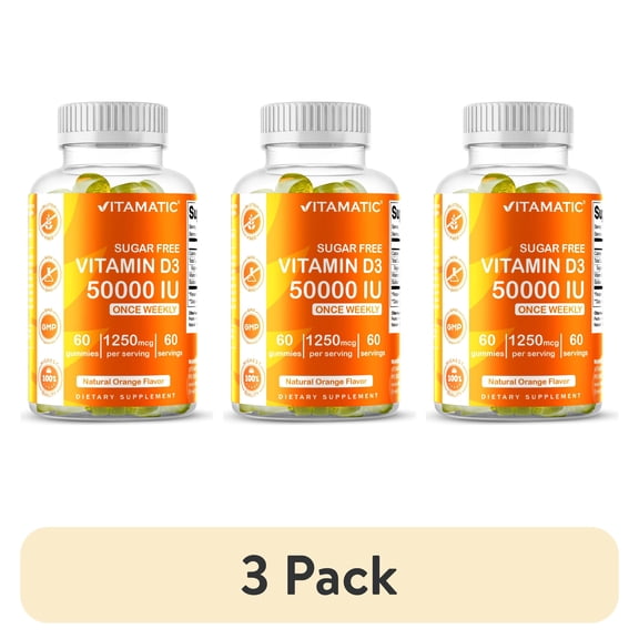 (3 pack) Vitamatic Sugar Free Vitamin D3 50,000 IU Weekly Supplement - 60 Pectin Based Gummies